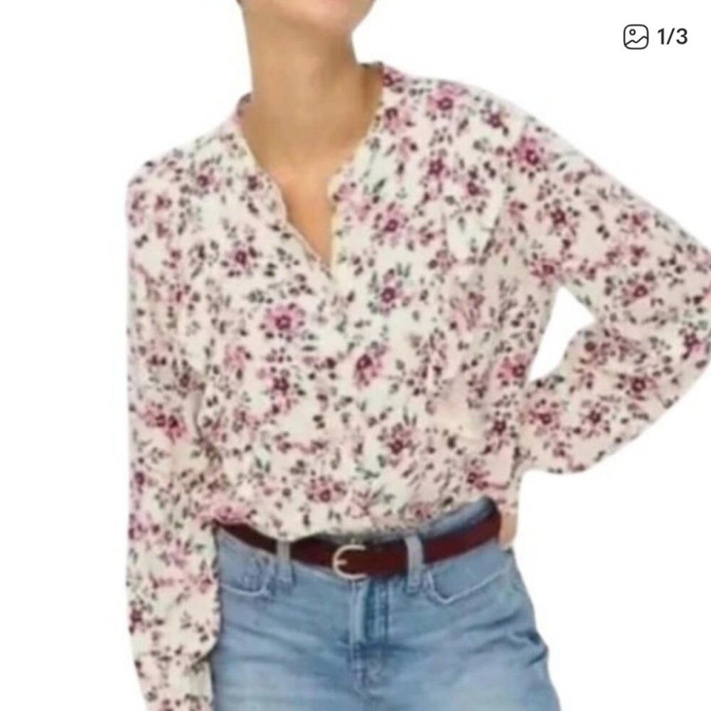 J. CREW FACTORY FLORAL RUFFLLE TRIM BUTTON -UP BLOUSE. SIZE SMALL.